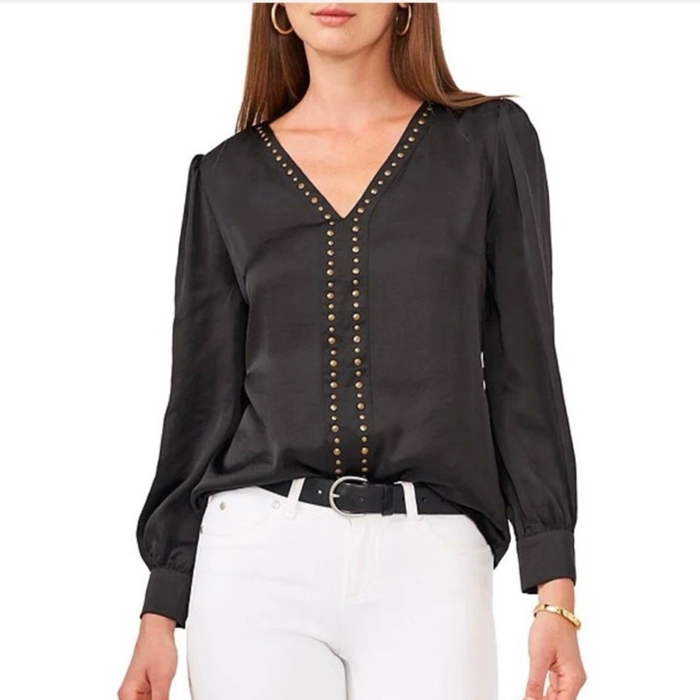 Vince Camuto Women's XS Black Long Puff Sleeve Studded Top V Neck Satin Blouse
